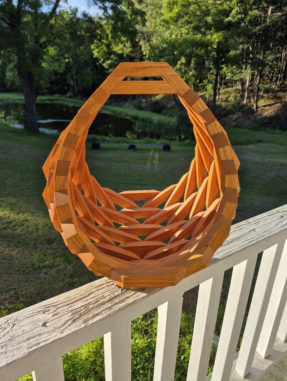 Vintage Geometric Natural Soild Wood Block Handcrafted Large Basket 16"